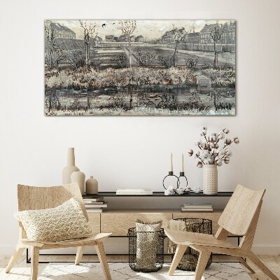 View of the village in winter Glass art print