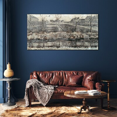 View of the village in winter Glass art print