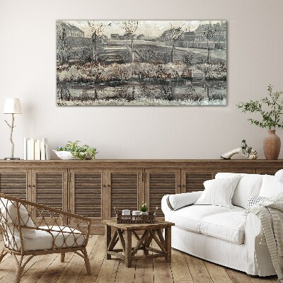 View of the village in winter Glass art print
