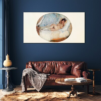 Nude woman on a bed of van gogh Glass Print