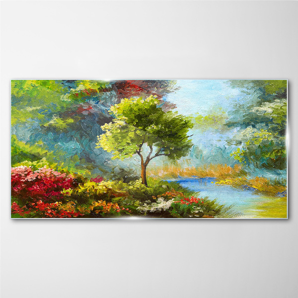Spring landscape with a tree and flowers Wall art on glass