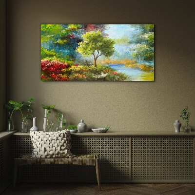 Spring landscape with a tree and flowers Wall art on glass