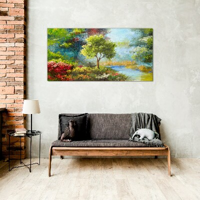 Spring landscape with a tree and flowers Wall art on glass