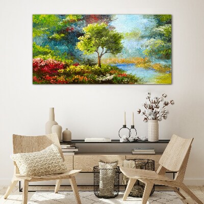 Spring landscape with a tree and flowers Wall art on glass