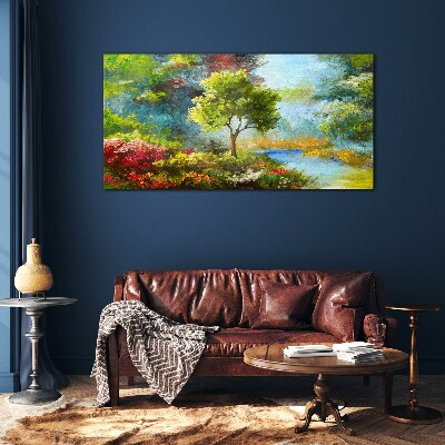 Spring landscape with a tree and flowers Wall art on glass