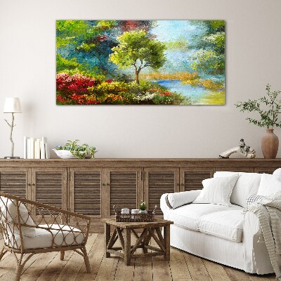 Spring landscape with a tree and flowers Wall art on glass