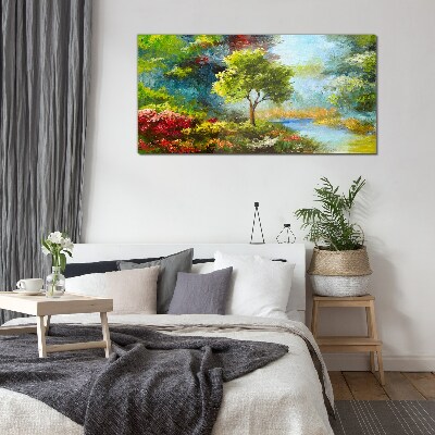Spring landscape with a tree and flowers Wall art on glass