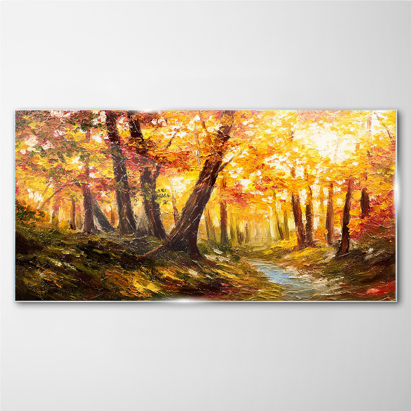 Golden forest in the sunlight Glass art print