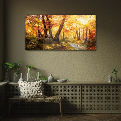 Golden forest in the sunlight Glass art print