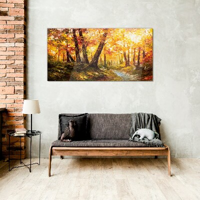 Golden forest in the sunlight Glass art print