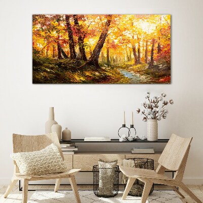 Golden forest in the sunlight Glass art print