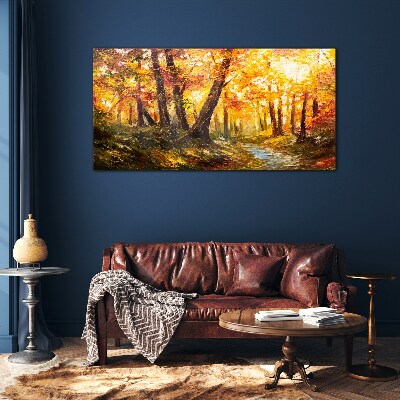 Golden forest in the sunlight Glass art print