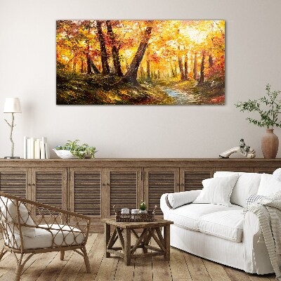 Golden forest in the sunlight Glass art print