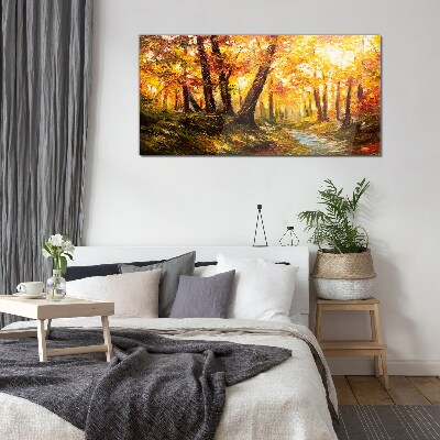 Golden forest in the sunlight Glass art print