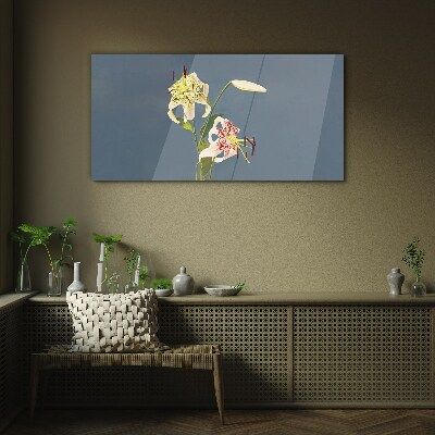 Flowers on a blue background Wall art on glass
