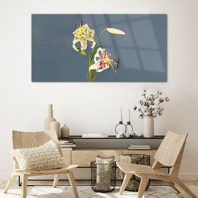 Flowers on a blue background Wall art on glass