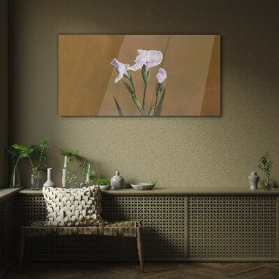 Iris flowers on a brown background Glass art print