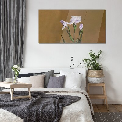 Iris flowers on a brown background Glass art print