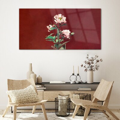 Flowers on a red background Wall art on glass