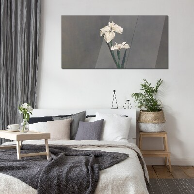 White irises on a gray background Glass art print