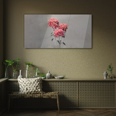 Pink flowers on a gray background Glass art print