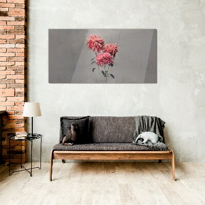 Pink flowers on a gray background Glass art print
