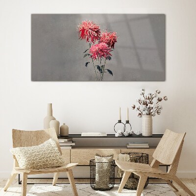 Pink flowers on a gray background Glass art print