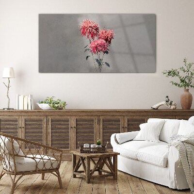 Pink flowers on a gray background Glass art print