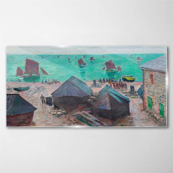 Seaside landscape with boats Wall art on glass