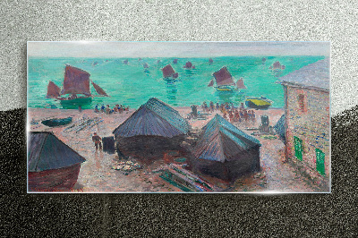 Seaside landscape with boats Wall art on glass