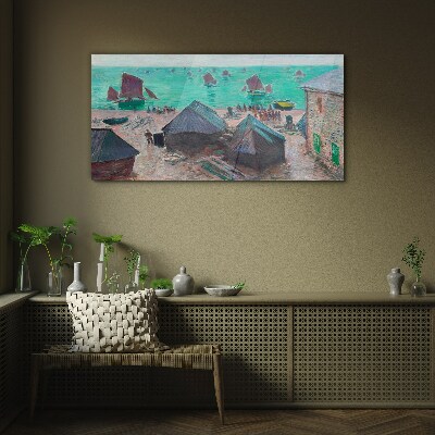 Seaside landscape with boats Wall art on glass