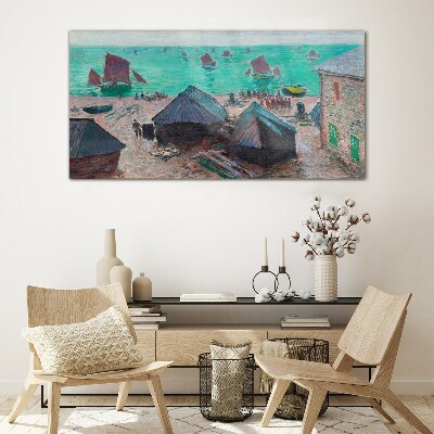 Seaside landscape with boats Wall art on glass