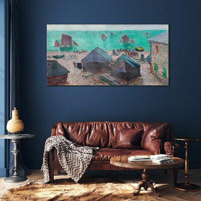 Seaside landscape with boats Wall art on glass
