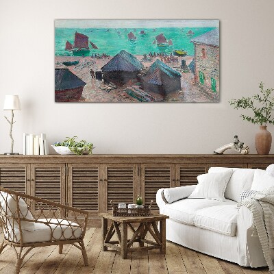 Seaside landscape with boats Wall art on glass