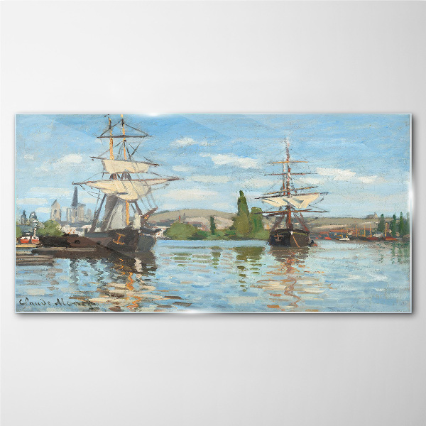 Sailing ships on the river Wall art on glass