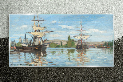 Sailing ships on the river Wall art on glass