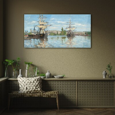 Sailing ships on the river Wall art on glass