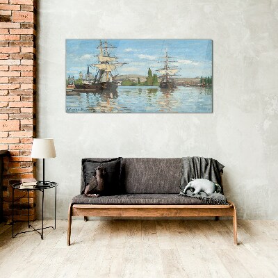 Sailing ships on the river Wall art on glass