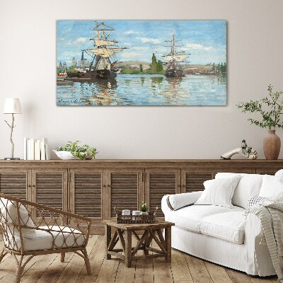 Sailing ships on the river Wall art on glass