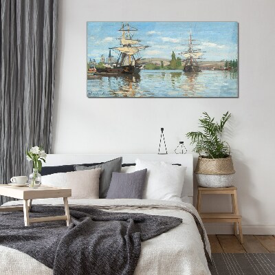 Sailing ships on the river Wall art on glass