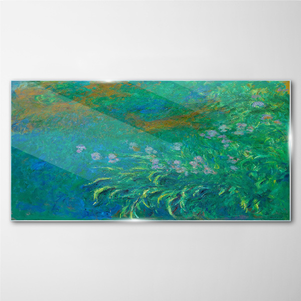 Green landscape with flowers Wall art on glass