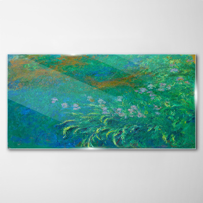 Green landscape with flowers Wall art on glass