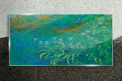 Green landscape with flowers Wall art on glass