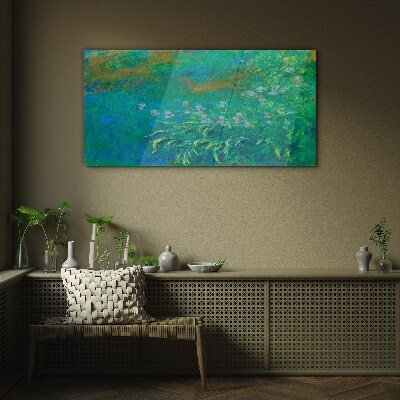 Green landscape with flowers Wall art on glass