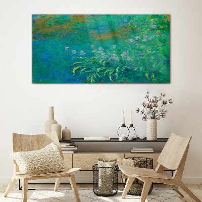 Green landscape with flowers Wall art on glass