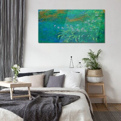 Green landscape with flowers Wall art on glass