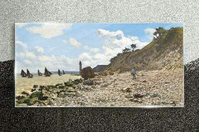Boats at the beach monet Glass Print