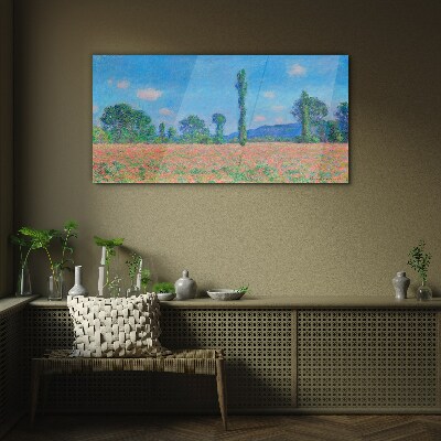 Flower field under blue sky Glass art print