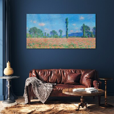 Flower field under blue sky Glass art print