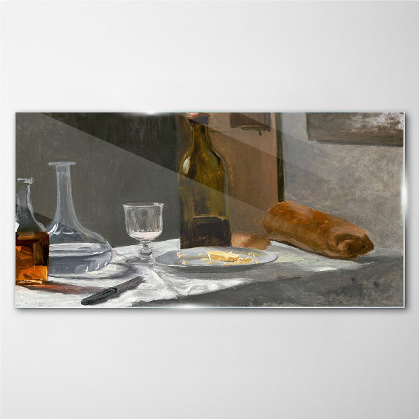 Still life with bottles and glass Glass art print
